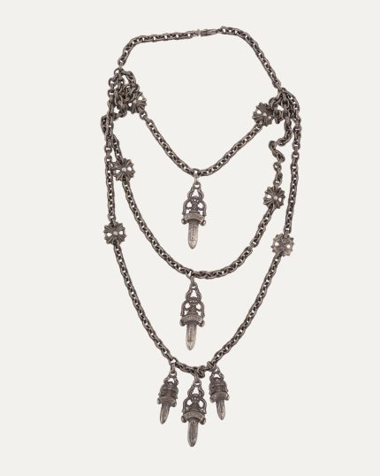 Chrome Heart Layered Dagger Charm Paper Chain Necklace Choker