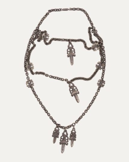 Chrome Heart Layered Dagger Charm Paper Chain Necklace Choker